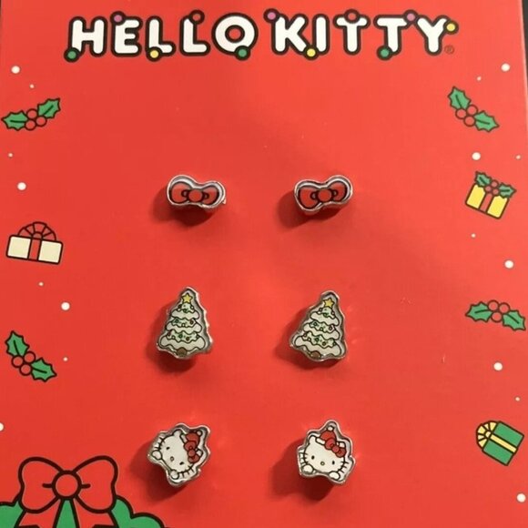 HELLO KITTY 3pc SET Christmas Silver-tone Enamel Stud Earrings**NEW! - Picture 2 of 5